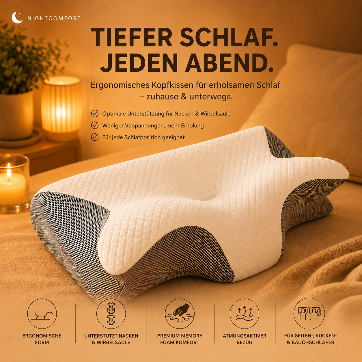 NightComfort™ Orthopädisches Nackenstützkissen – Ergonomisches Memory Foam, Kopfkissen gegen Nacken- & Schulterschmerzen